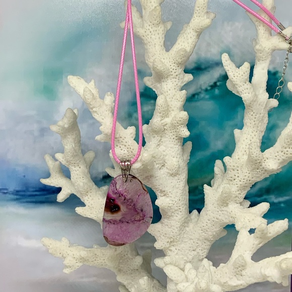 Pink Druzy Geode Agate Slice Pendant Necklace on Waxed Cotton Cord Handmade - Picture 5 of 14